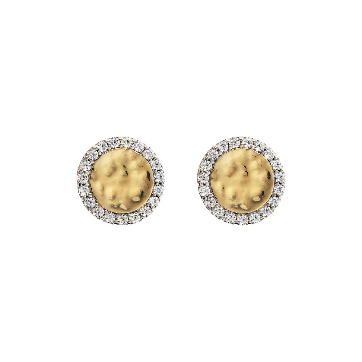 Etrusca WSET00726.YG 18KT Gold-Plated Button Hammered & White CZ Stud Earrings