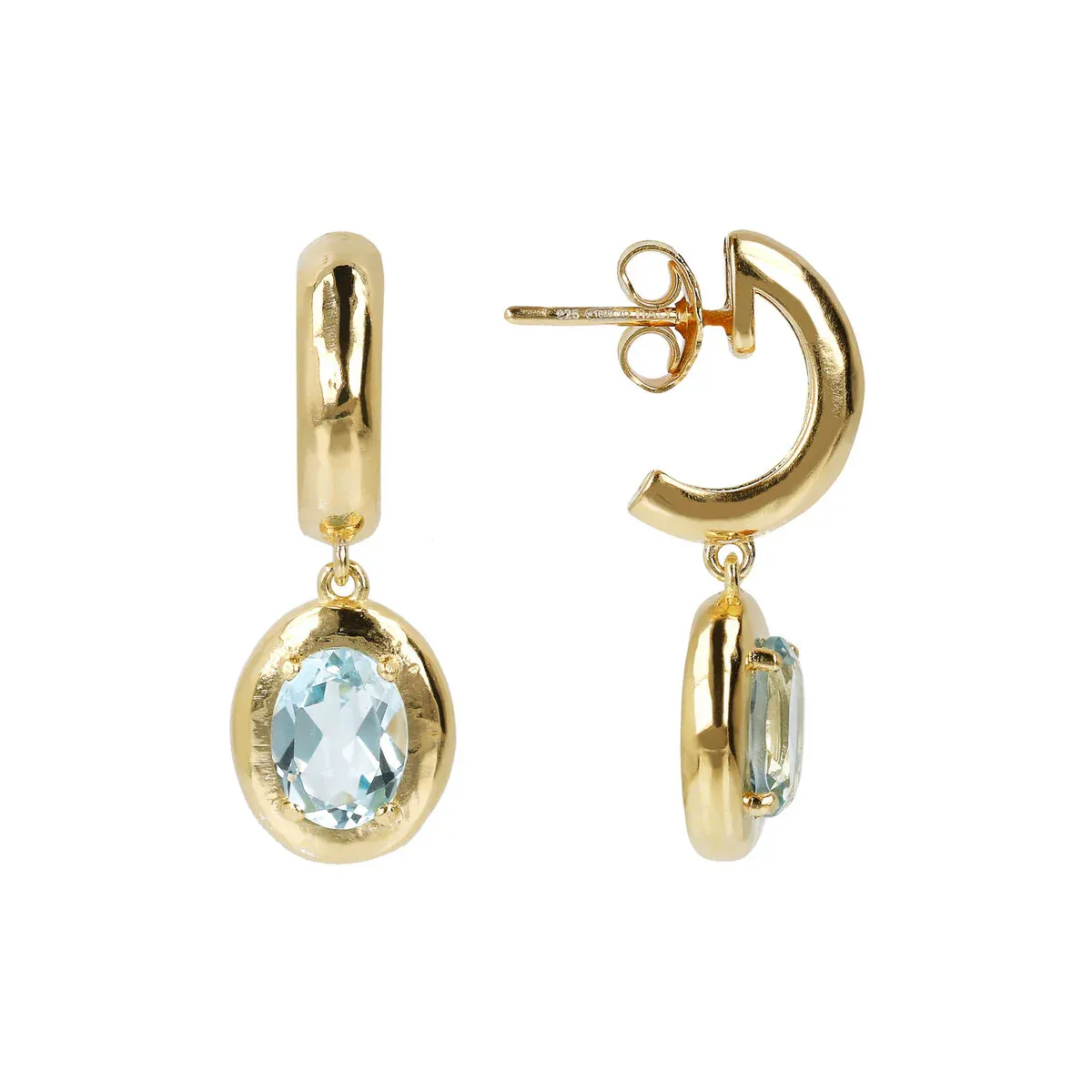Etrusca WSET00719.BT 18KT Gold-Plated Blue Topaz Gem Mini Hoop & Dangle Earrings