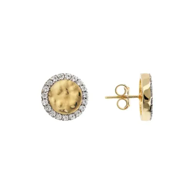 Etrusca WSET00726.YG 18KT Gold-Plated Button Hammered & White CZ Stud Earrings