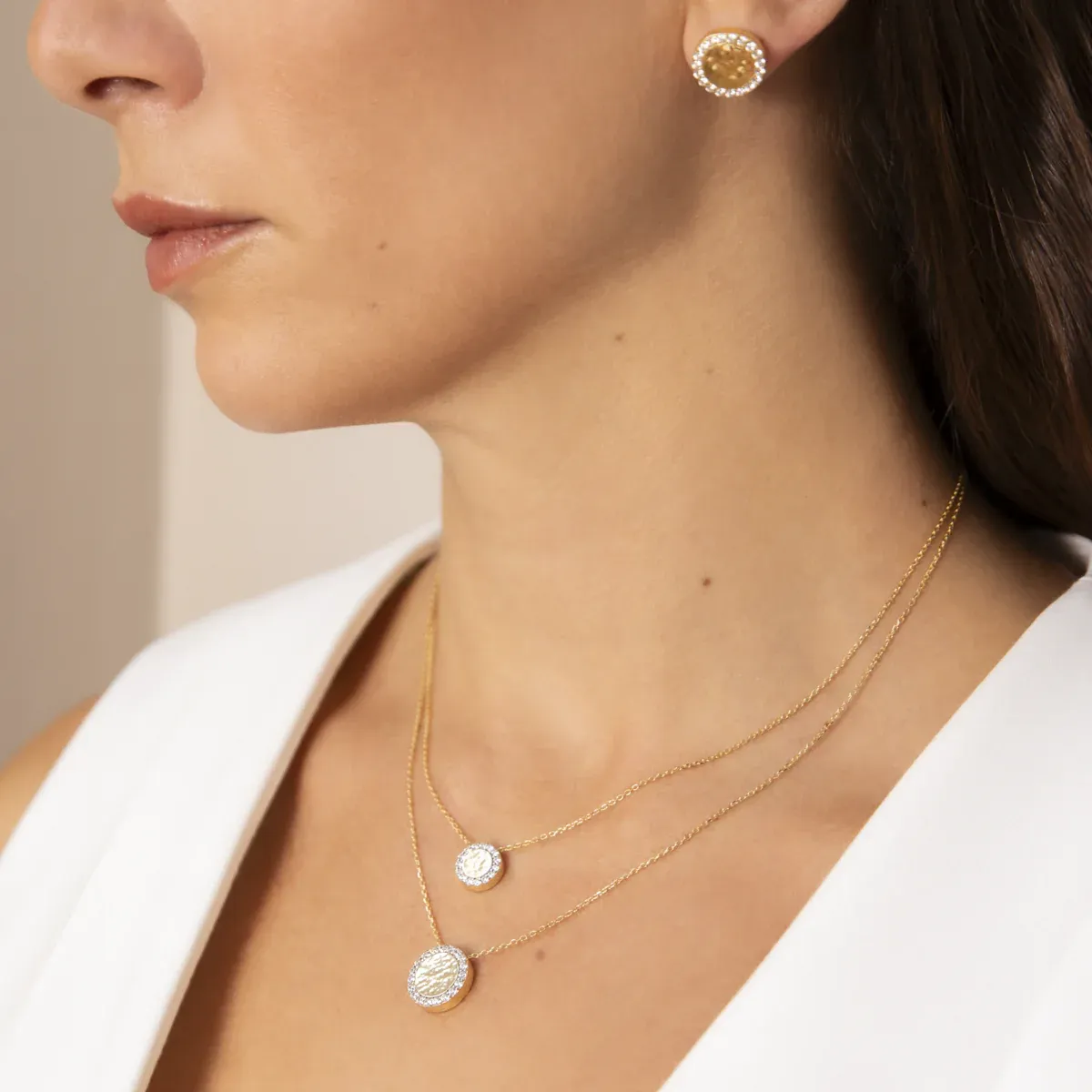Etrusca WSET00725.YG 18KT Gold-Plated 2-Strand & White CZ Discs Necklace
