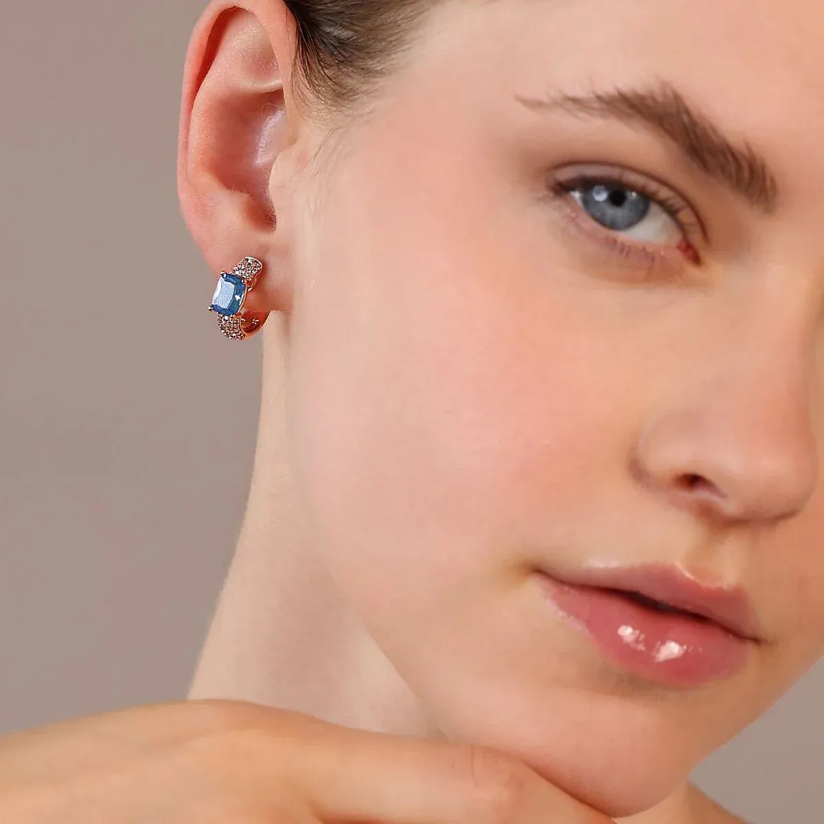Bronzallure WSBZ02344.BLU-CZ 18KT Rose Gold-Plated Light Blue Nano Gem & White CZ Huggies Pave Hoop Earrings
