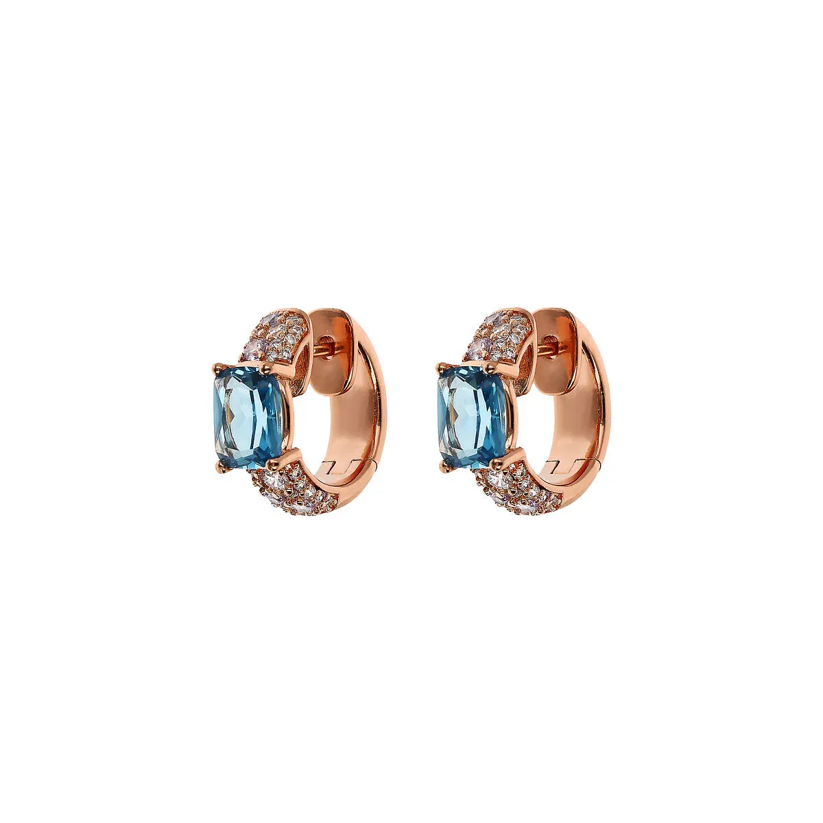 Bronzallure WSBZ02344.BLU-CZ 18KT Rose Gold-Plated Light Blue Nano Gem & White CZ Huggies Pave Hoop Earrings