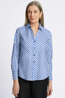 Foxcroft 202416 Women's Long Sleeve Mary Stripe Blouse – Cobalt Blue- Neu