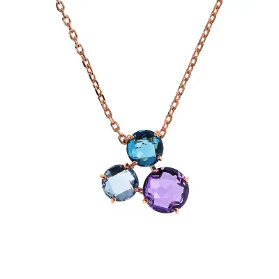 Bronzallure WSBZ02319.BLU-SP 18KT Rose Gold-Plated Faceted Mosaic Cut Tri-Gem Necklace