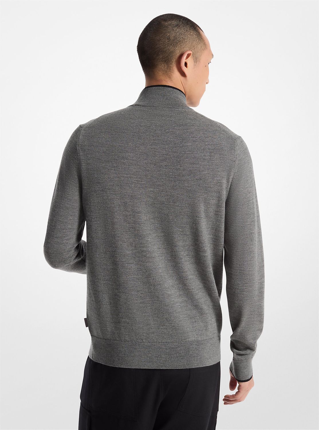Michael Kors CR1601Z7AP Men's Long Sleeve Qtr-Zip Core Merino Flag Sweater – Ash Melange