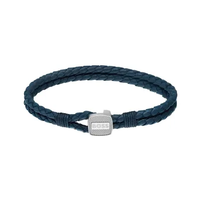 BOSS 1580293 Men's Blue Leather w/ SS  Closure Bracelet
