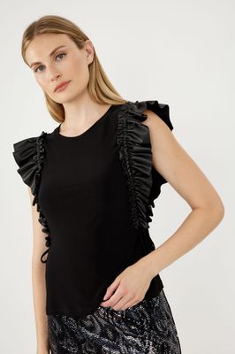 Frank Lyman 244102 Women' s SL Vegan Leather Ruffle Top – Black