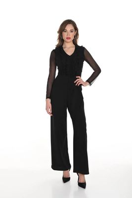 Frank Lyman 244316 Women's Long Sleeve Ruffle Front Jumpsuit – Black