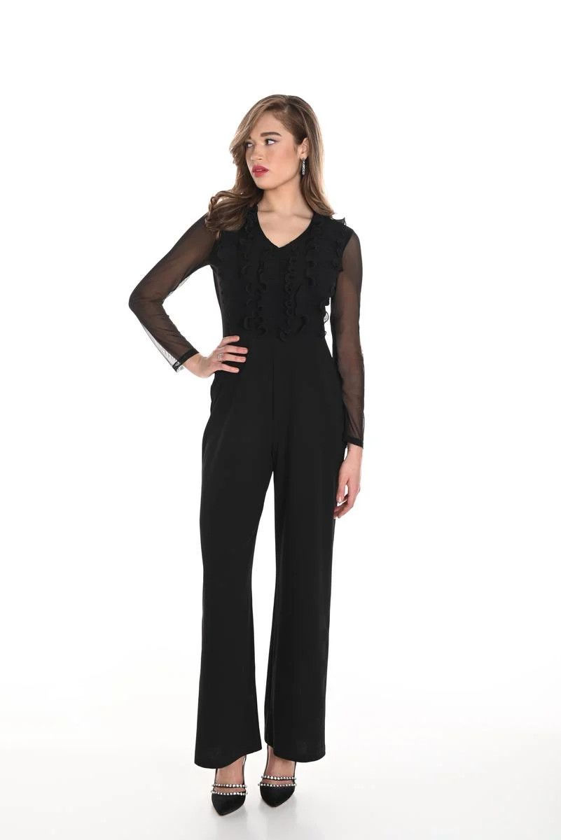 Frank Lyman 244316 Women's Long Sleeve Ruffle Front Jumpsuit – Black