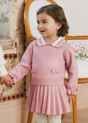 Abel & Lula 5516 Baby Girl's Long Sleeve Knit Sweater & Pleated Skirt Set 2PC – Rosa