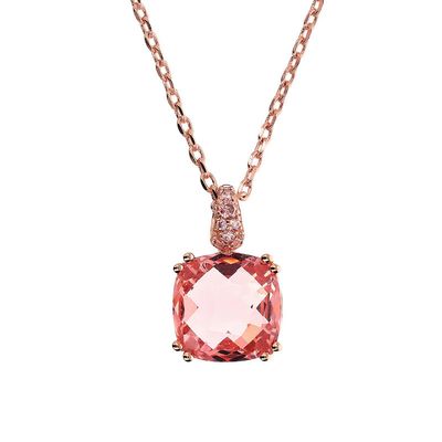 Bronzallure WSBZ02180.MO 18Kt Rose Gold-Plated Cushion Cut Morganite Gem & White CZ Necklace