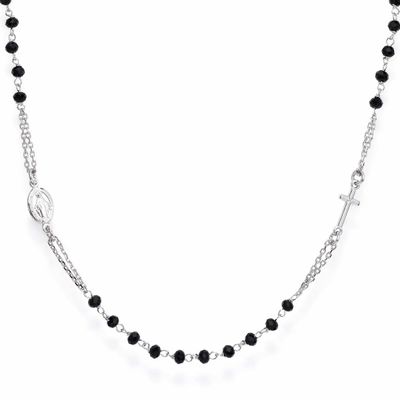 Amen CROBN3 Women's Sterling Silver Black Crystals Classic Rosary Choker Necklace - Rosary