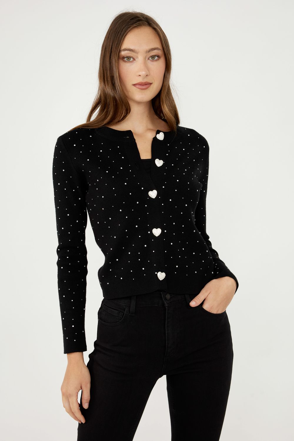 Frank Lyman 244611U Women's Long Sleeve Jewelled Heart Button Cardigan – Black- Silver