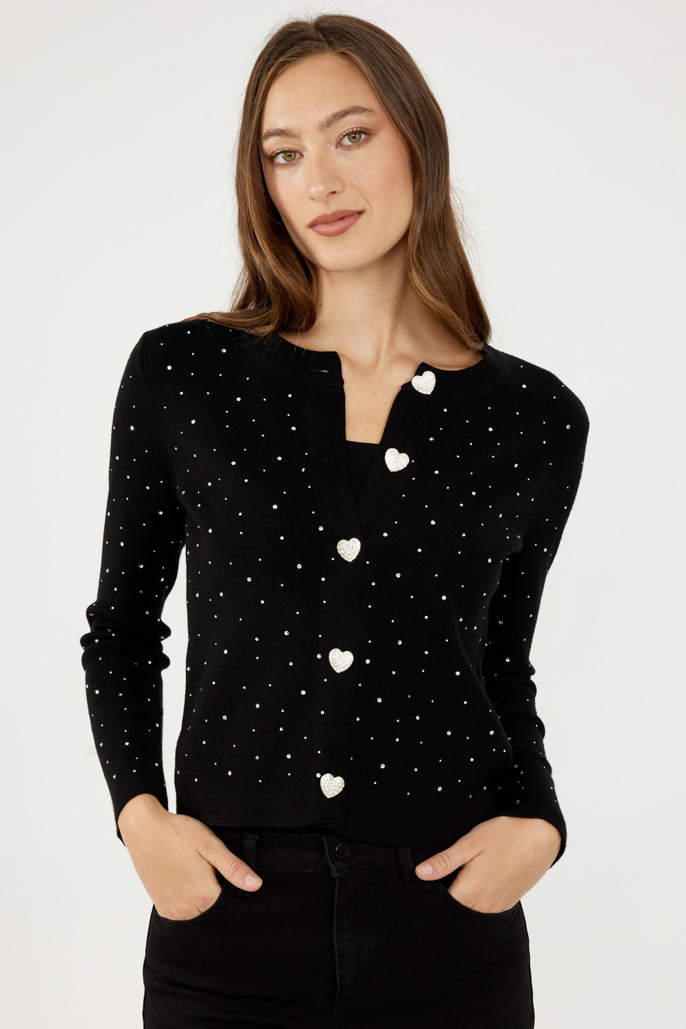 Frank Lyman 244611U Women's Long Sleeve Jewelled Heart Button Cardigan – Black- Silver