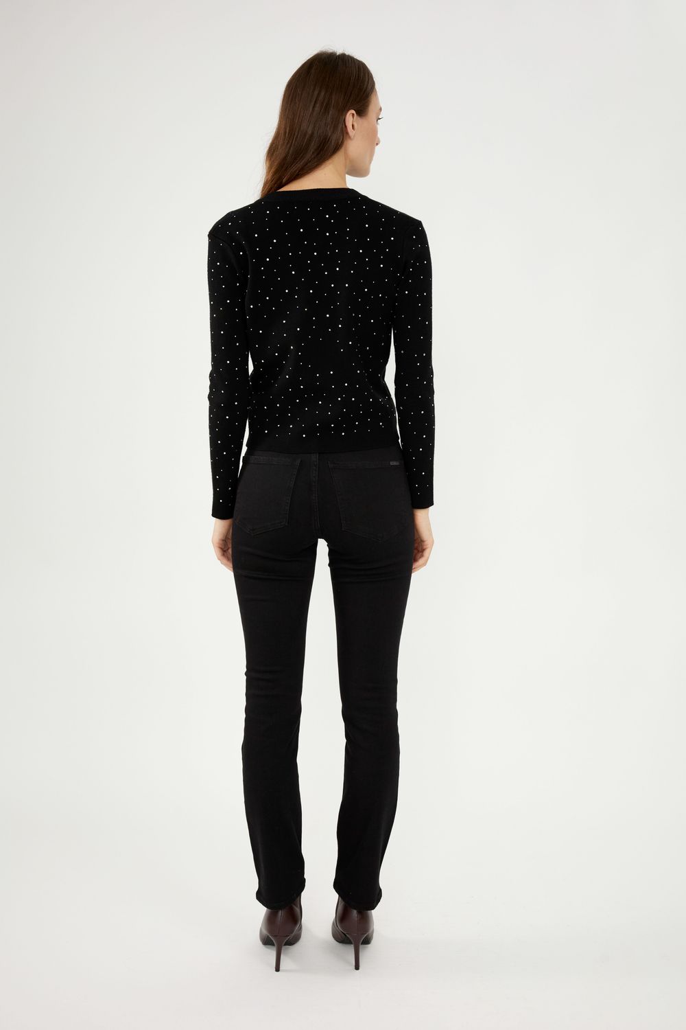 Frank Lyman 244611U Women's Long Sleeve Jewelled Heart Button Cardigan – Black- Silver