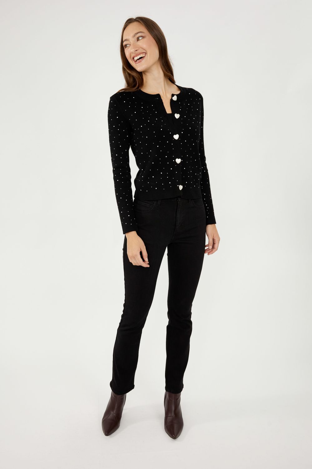 Frank Lyman 244611U Women's Long Sleeve Jewelled Heart Button Cardigan – Black- Silver