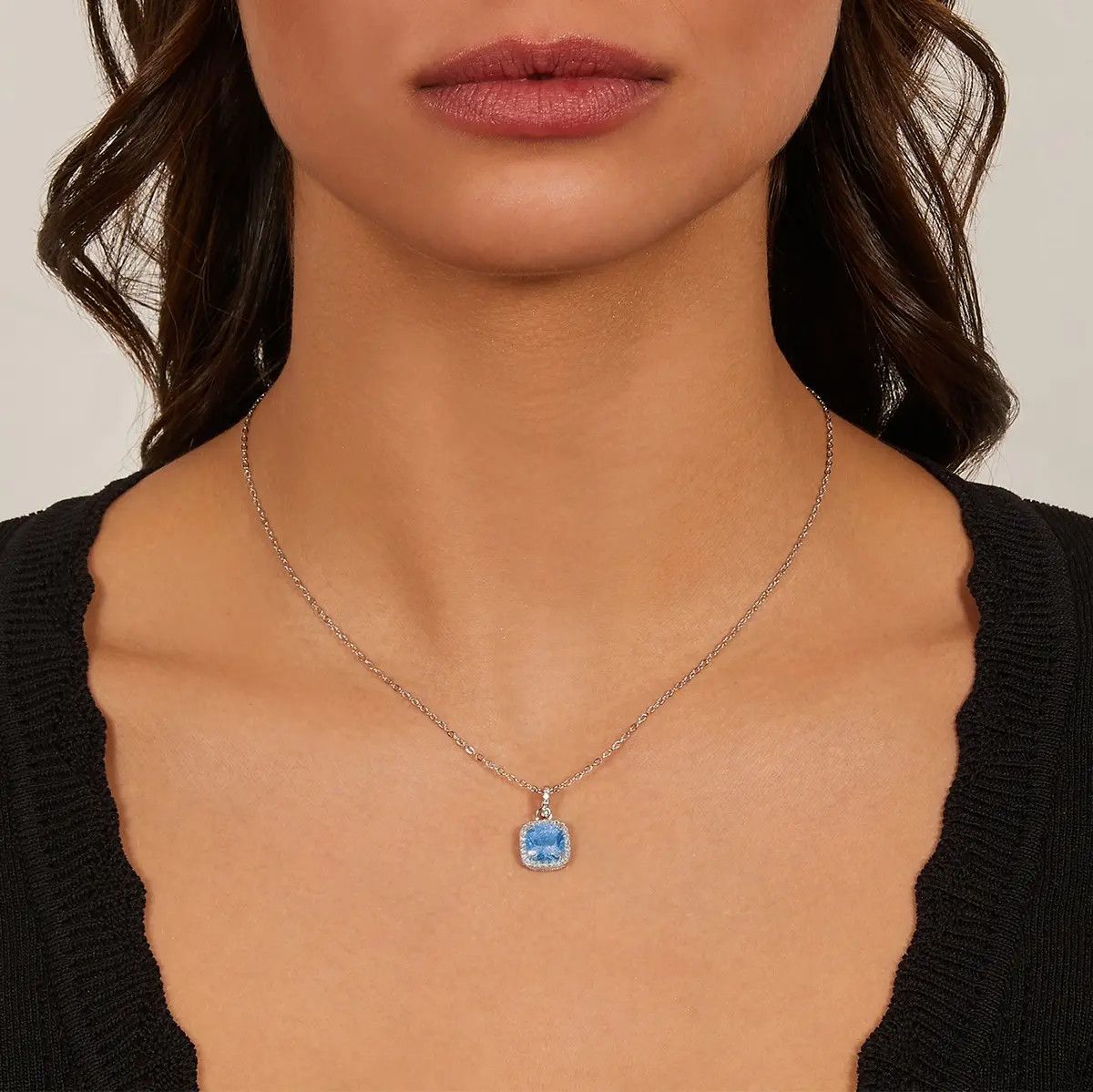 Amen CLQUABBACZ Women's Silver Radiant Cut Aquamarine & White CZ Pendant Necklace