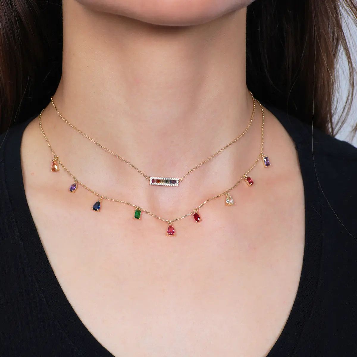 Amen CLRAGMZ Women's Gold-Plated Rainbow CZ Chandelier Necklace - Elegance