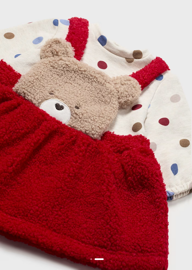 Mayoral 2881 Baby Girl's Long Sleeve Teddy Bear Dungaree Dress – Rojo