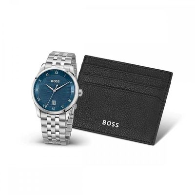 BOSS 1570178 Men's Principle Stainless Steel Quartz Watch & Leather Card Holder Set