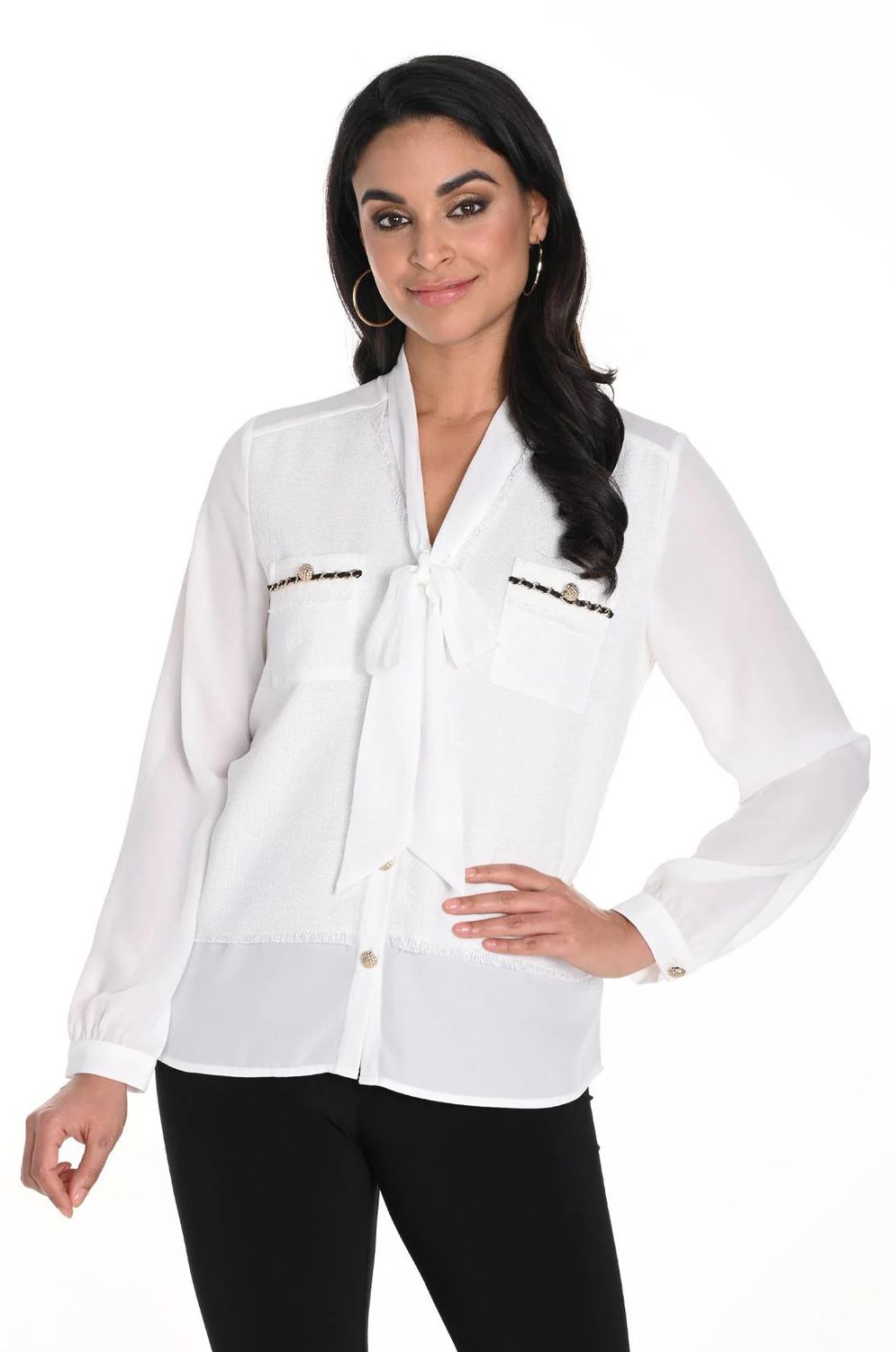 Frank Lyman 243454U Women's Long Sleeve Gold Botton & Front Tie Blouse – Off White