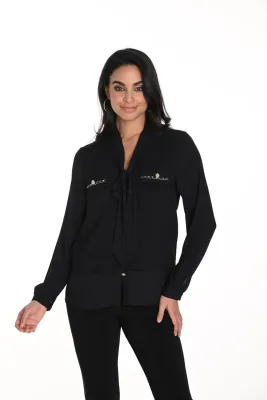 Frank Lyman 243454U Women's LS Gold Botton & Front Tie Blouse/ BLACK