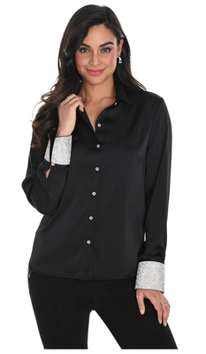 Frank Lyman 244602U Women's Long Sleeve Silver Botton & Rhinestone Blouse – Black