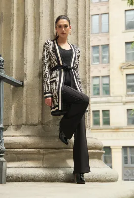 Frank Lyman 244661U Long Knit Printed Cardigan – Beige Black