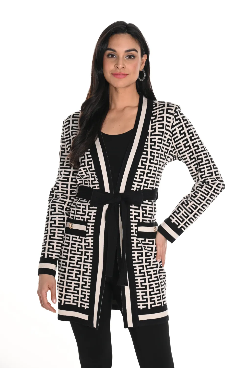 Frank Lyman 244661U Long Knit Printed Cardigan – Beige Black