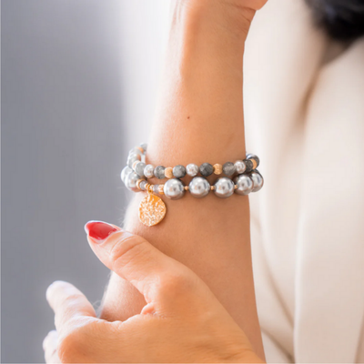 Beblue BBSURALLUR-HG Gold Grey Bead Bracelet - Happy in Grey