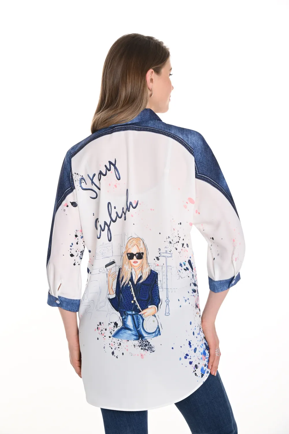 Frank Lyman 256740U Printed Lady Blouse Chic Vibes – White Denim Blue
