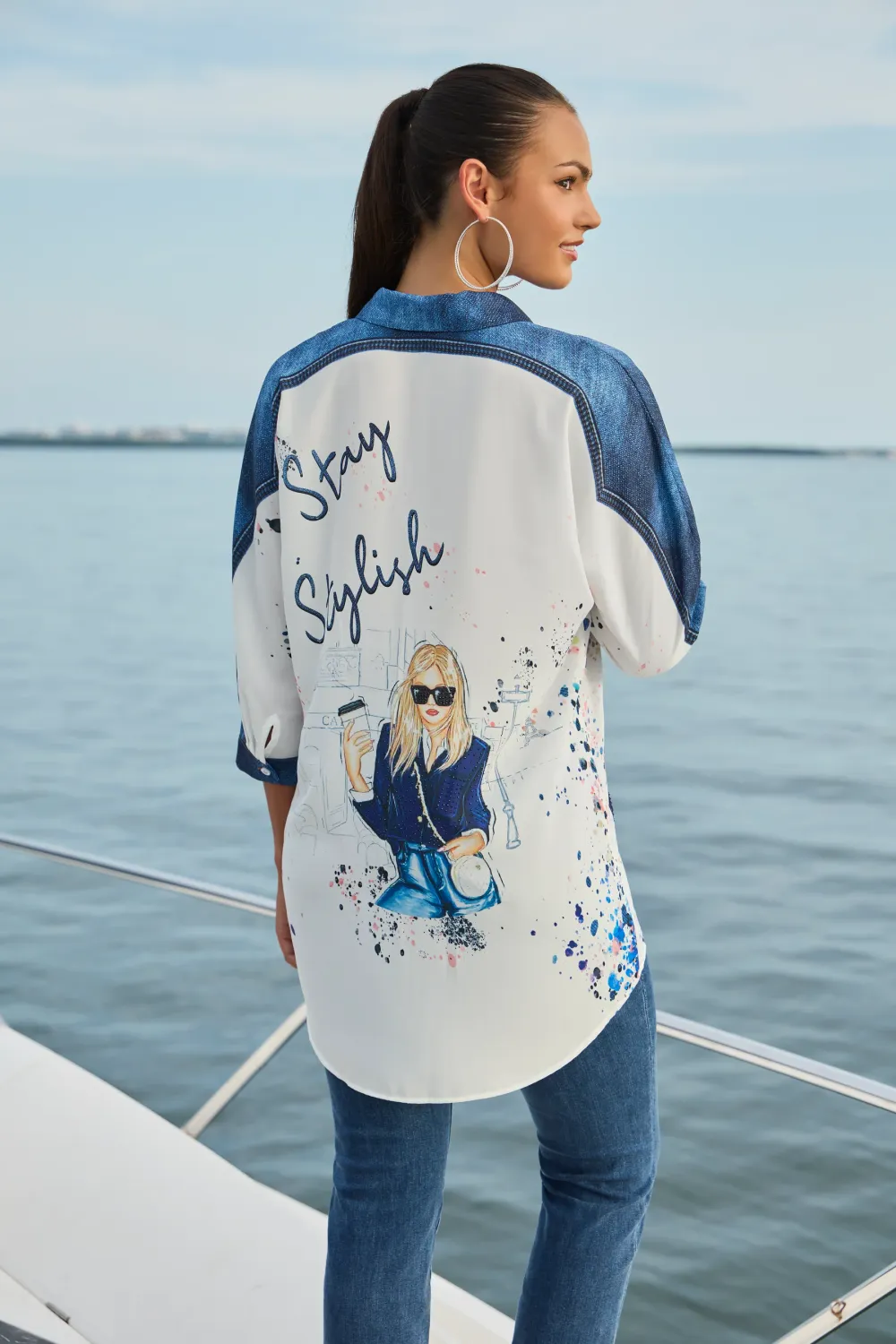 Frank Lyman 256740U Printed Lady Blouse Chic Vibes – White Denim Blue