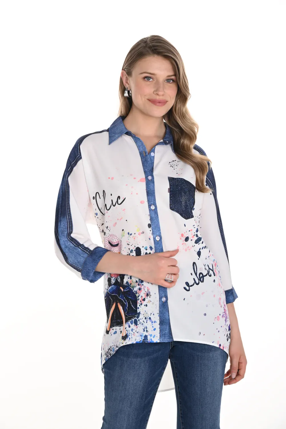 Frank Lyman 256740U Printed Lady Blouse Chic Vibes – White Denim Blue