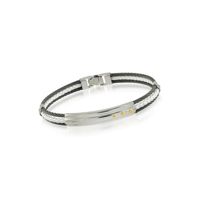 Italgem SMBG51 Black-IP S.Steel-Cable 18K-Gold White-Leather Bangle