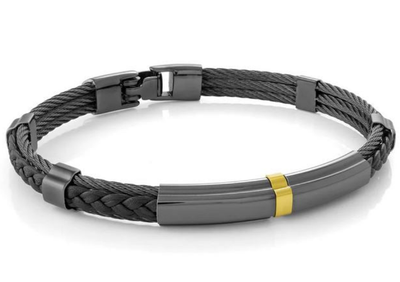 Italgem SMBG123 Black-IP Matte-S.Steel 18K-Gold-Strip Black-Leather Cable-Bracelet