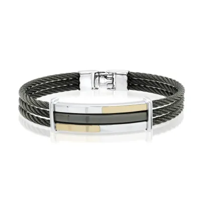 Italgem SMBG39 Black-IP Steel 18K-Gold 3-Row-Cable Bangle