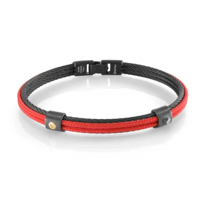 Italgem SMBG135-7.87 Black-IP-S.Steel 18K- Gold 3-Row-Cable Red-Cord 7.87”-Bangle