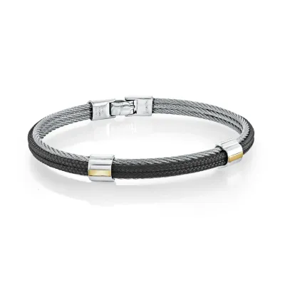 Italgem SMBG162-8.27 S.Steel 18K-Gold 3-Row-Cable Black-Cord 8.27”-Bangle