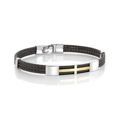 Italgem SMBG112-7.87 S.Steel Black IP 18K-Gold-Cross ID-3-Row 7.87”-Bangle