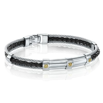 Italgem SMBG20-8.7 S.Steel Gold-IP Black-Leather Double-Cable 8.7”-Bracelet