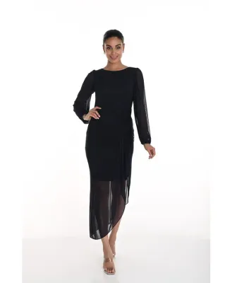 Frank Lyman 258108 L/S Mesh Midi Dress w Rushing /NAVY 