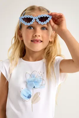 Mayoral 3002 Girls Junior Short Sleeve Top Blue Flower
