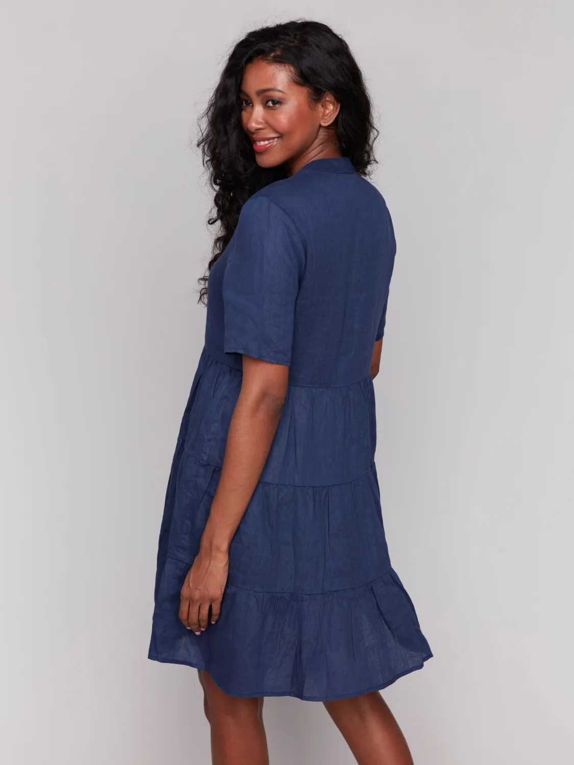 Charlie B C3216-256C Linen Short Sleeve Tiered Dress – Navy Marine