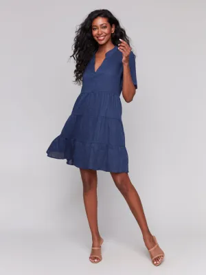 Charlie B C3216-256C Linen Short Sleeve Tiered Dress – Navy Marine