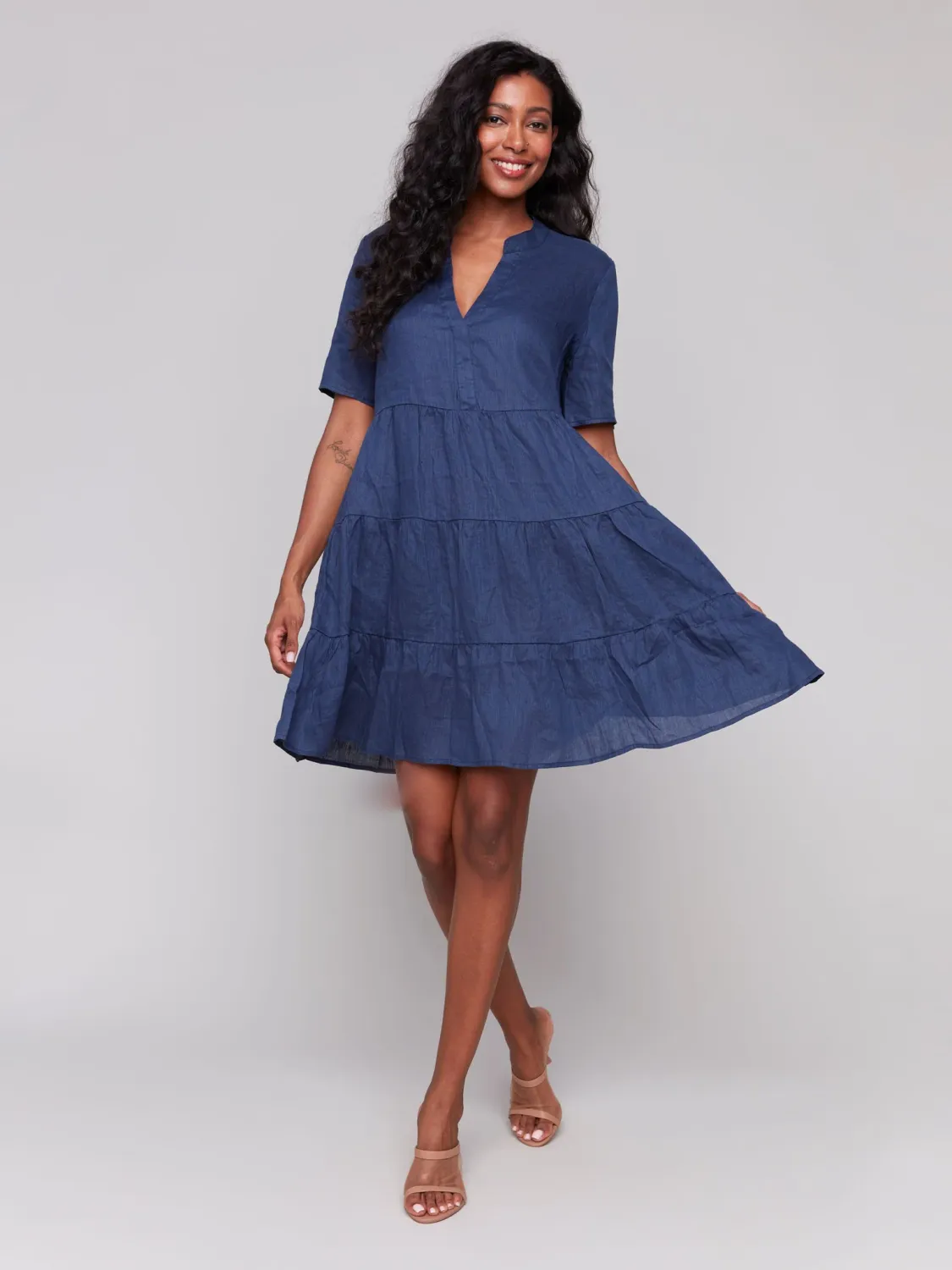 Charlie B C3216-256C Linen Short Sleeve Tiered Dress – Navy Marine