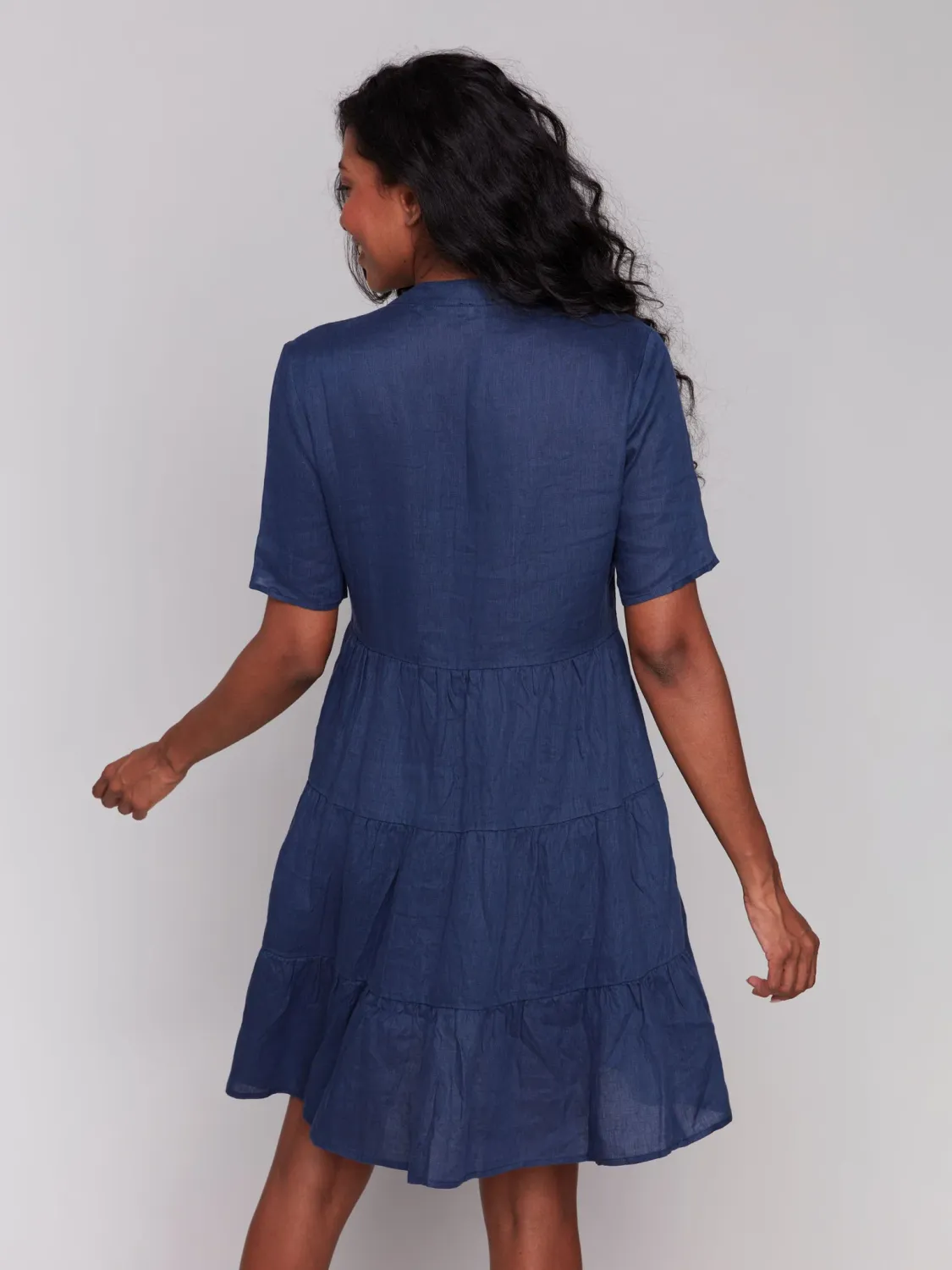 Charlie B C3216-256C Linen Short Sleeve Tiered Dress – Navy Marine
