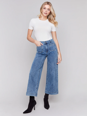 Charlie B C5538R-431A Cropped Flare Pocket Jeans – Med Blue