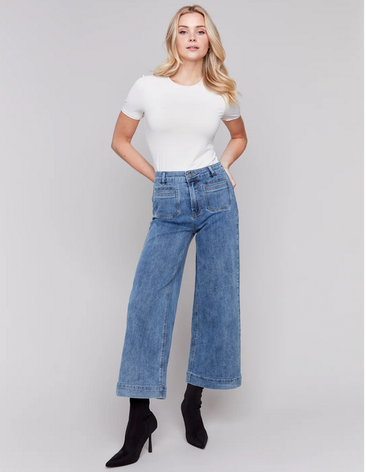 Charlie B C5538R-431A Cropped Flare Pocket Jeans – Med Blue