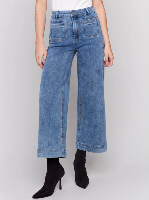 Charlie B C5538R-431A Cropped Flare Pocket Jeans – Med Blue