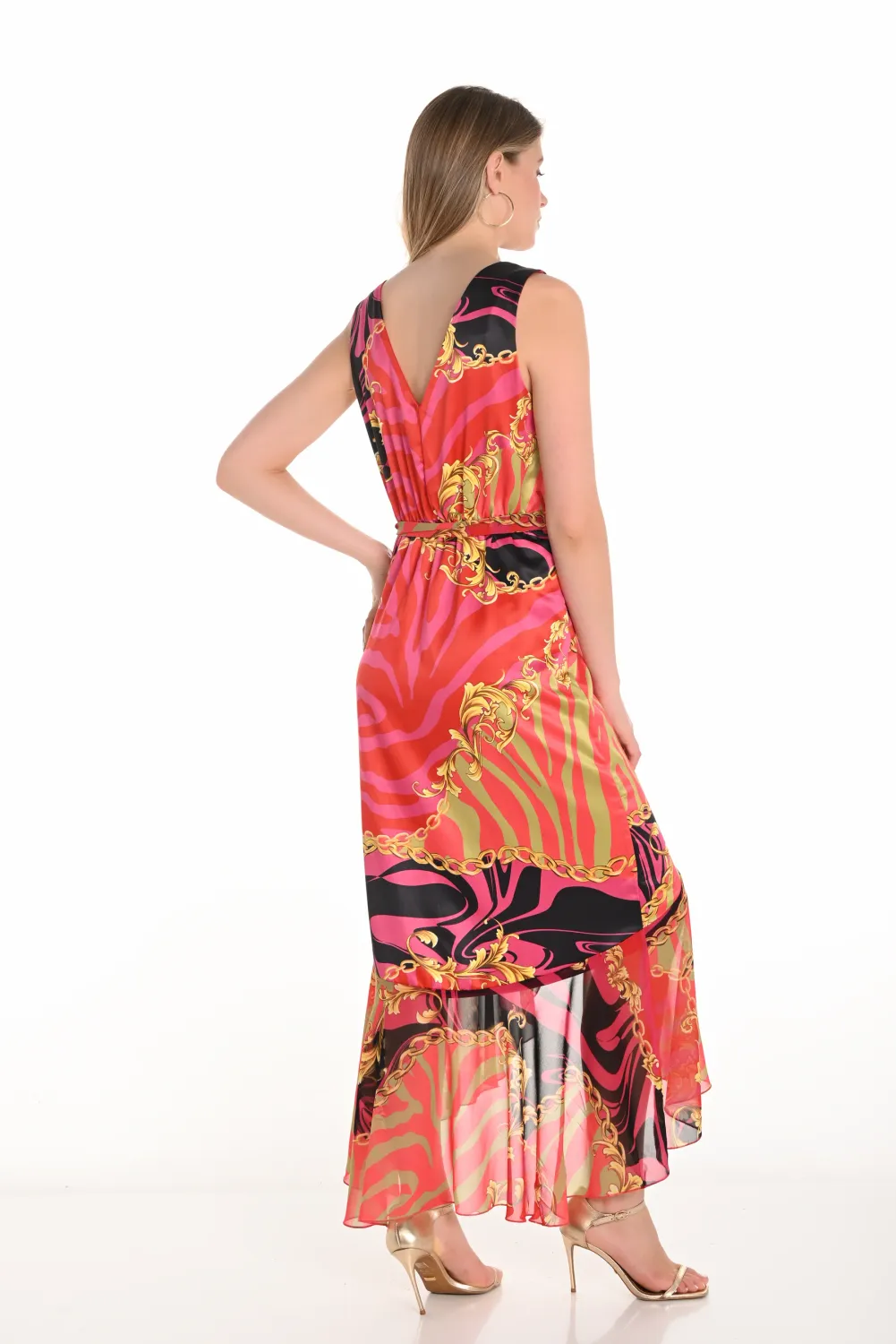 Frank Lyman 251218 Satin Chain Print Dress – Fuchsia-Multi